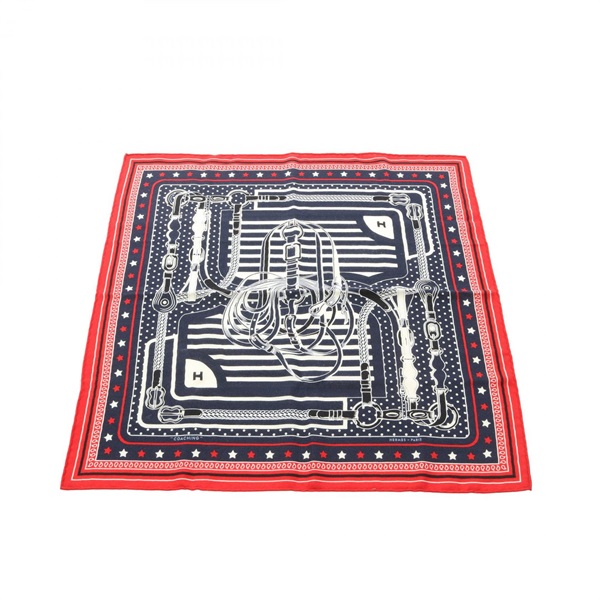 HERMES Carre55 Disco Coaching Bandana Scarf silk cashmere Navy Red Used Women