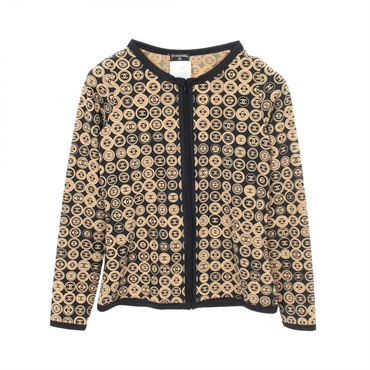 CHANEL COCO Mark All-over print Cardigan Top P20766 Nylon Black Beige Used #38