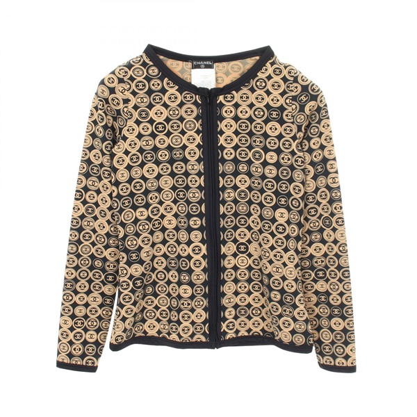CHANEL COCO Mark All-over print Cardigan Top P20766 Nylon Black Beige Used #38
