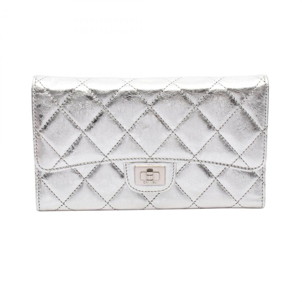 CHANEL 2.55 Matelasse Metallic Tri-fold long Wallet Purse leather Silver Used CC