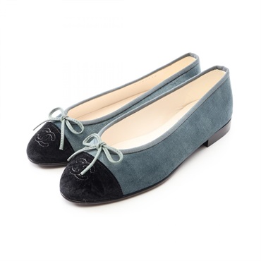 CHANEL COCO Mark Pumps Flat Shoes #36 C Fabric Green Black Women CC
