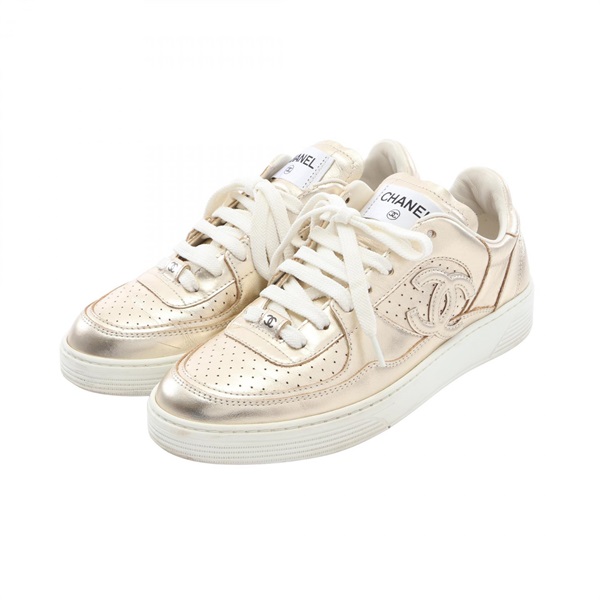 CHANEL COCO Mark Sneakers Shoes G45079 leather Gold Used Women size 38