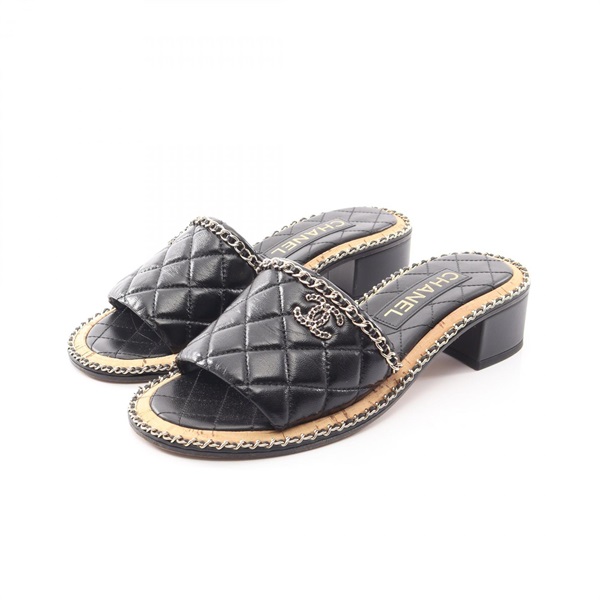 CHANEL Matelasse Mule Chain Sandals #37 1/2 G45671 leather Black Used Women CC