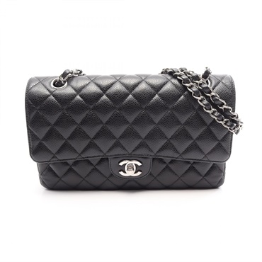 CHANEL Matelasse W flap chain Shoulder hand Bag leather Black Used Women SHW