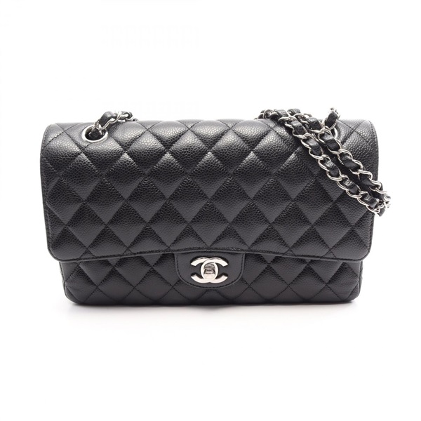 CHANEL Matelasse W flap chain Shoulder hand Bag leather Black Used Women SHW