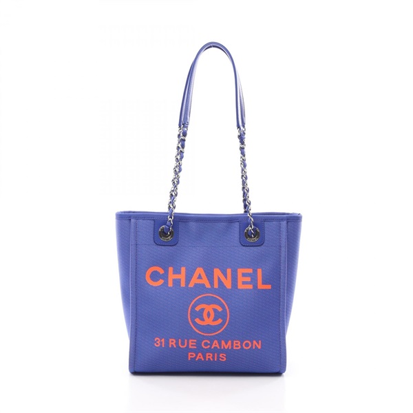 CHANEL Deauville PM Chain Shoulder Tote Bag canvas leather Blue Orange Used CC