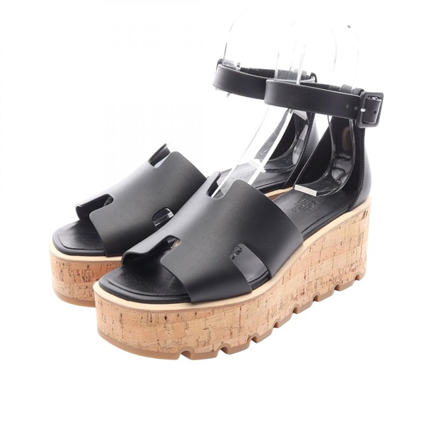 HERMES Luce Wedge Sole Sandals shoes #38 H252132Z leather Black Used Women