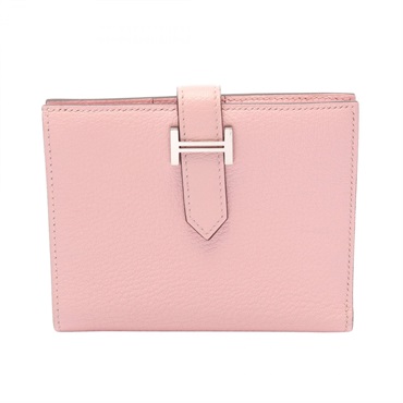 HERMES Bearn Compact Bi-fold Wallet Purse Chevre leather Rose sakura SHW Used D