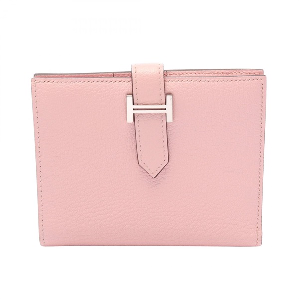 HERMES Bearn Compact Bi-fold Wallet Purse Chevre leather Rose sakura SHW Used D
