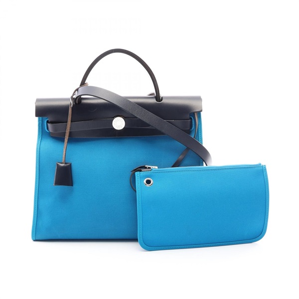 HERMES Herbag Zip PM Crossbody Handbag canvas leather Blue zanzibar SHW Used A