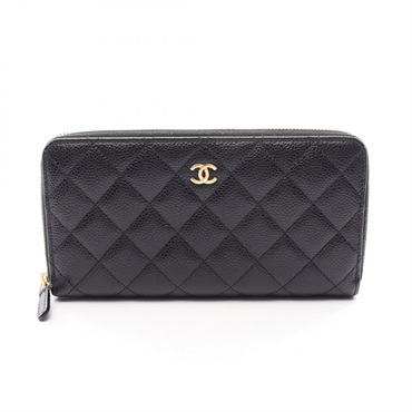 CHANEL Matelasse Around long wallet purse A50097 leather Black Used Women GHW