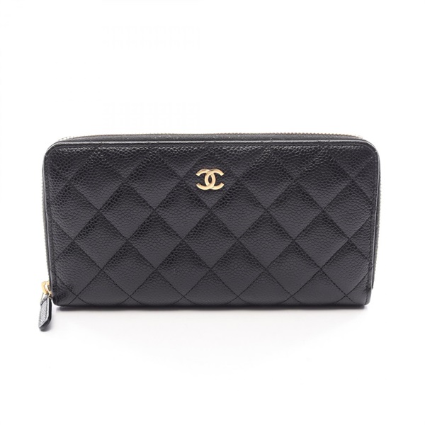 CHANEL Matelasse Around long wallet purse A50097 leather Black Used Women GHW
