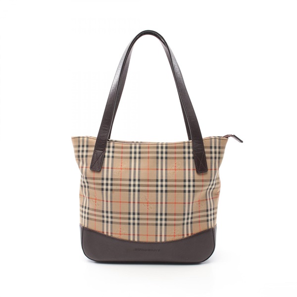 BURBERRY Hay market plaid Tote Bag canvas leather Beige Brown Multicolor Used