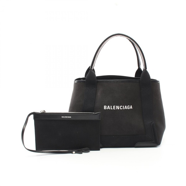 BALENCIAGA NAVY CABAS S Tote Bag canvas leather Black Used Women logo