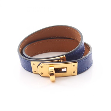 HERMES Kelly double tour Bracelet bangle Swift leather Gold Plated Blue Used