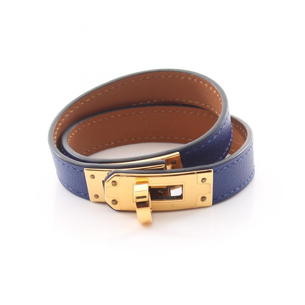 HERMES Kelly double tour Bracelet bangle Swift leather Gold Plated Blue Used