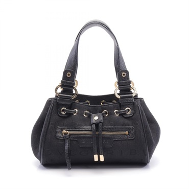 BVLGARI Maxilettere Hand bag canvas leather Black Used Women