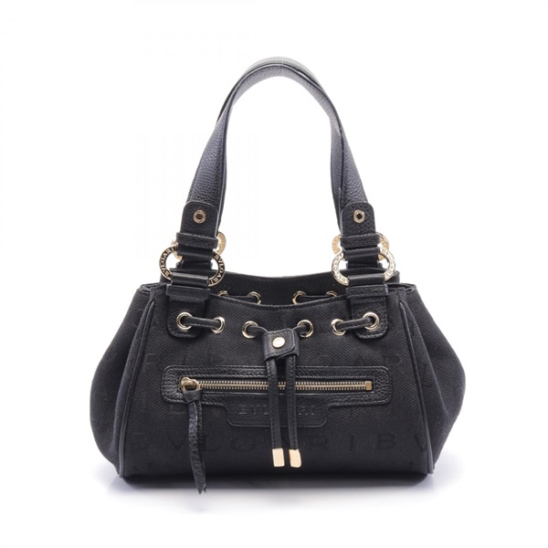 BVLGARI Maxilettere Hand bag canvas leather Black Used Women