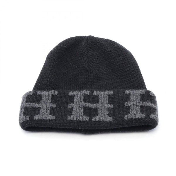 HERMES knitwear 46cm bonet cap hat cashmere Black Gray Used