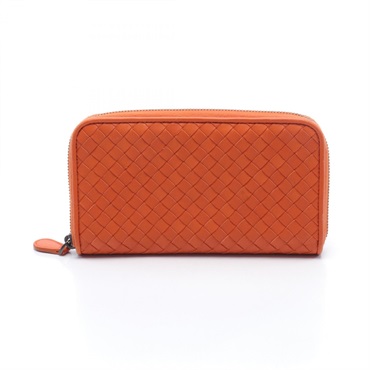 BOTTEGA VENETA Intrecciato Round long wallet Purse leather Orange Used unisex