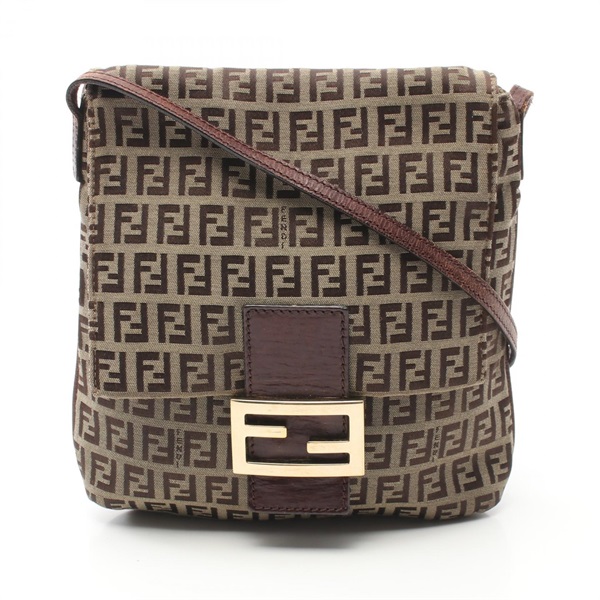 FENDI Zucchino crossbody Shoulder Bag canvas leather Beige Brown Used Women GHW