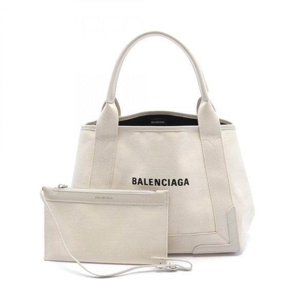 BALENCIAGA NAVY CABAS S Tote Bag canvas leather White Used Women logo