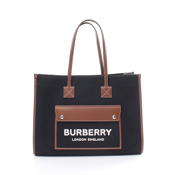 BURBERRY FREYA TOTE hand shoulder Bag canvas leather Black Brown Used