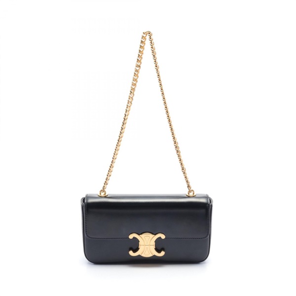 CELINE Triomphe Chain Shoulder Bag leather Black Used Women GHW