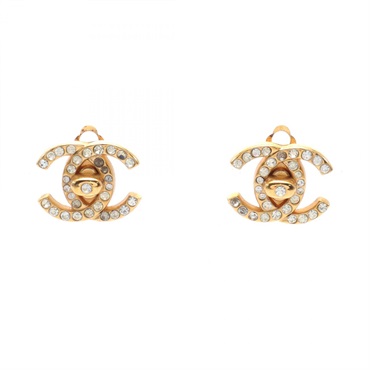 CHANEL COCO Mark Earring Gold Plated Rhinestone Used CC women