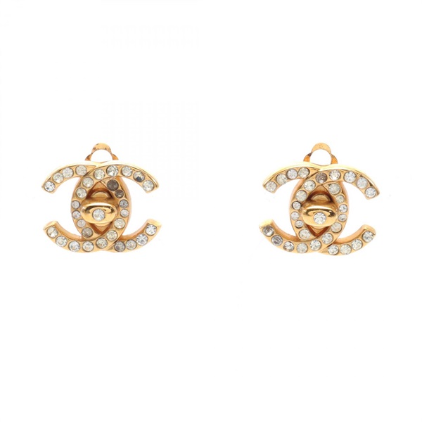 CHANEL COCO Mark Earring Gold Plated Rhinestone Used CC women