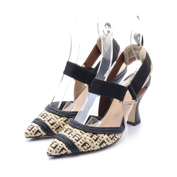 FENDI FF pattern pumps #36 shoes sandals leather Raffia Fabric Beige Black Brown