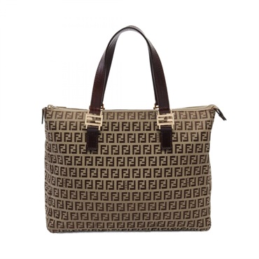 FENDI Zucchino Tote shoulder Bag canvas leather Beige Brown Used