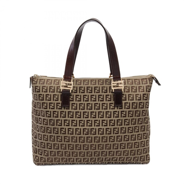 FENDI Zucchino Tote shoulder Bag canvas leather Beige Brown Used