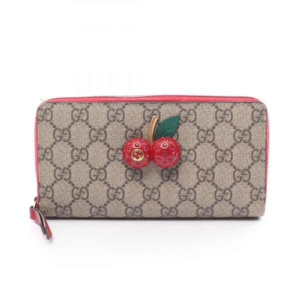 GUCCI GG Supreme around zipper long wallet 476049 canvas Beige Red Used