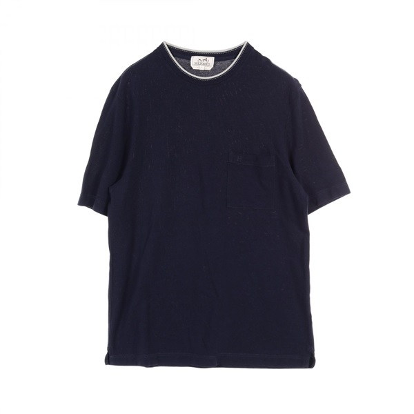 HERMES Saddle stitch T-shirt pullover L size cotton Navy Used