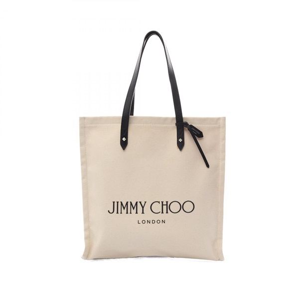 JIMMY CHOO LOGO TOTE Shoulder Bag canvas leather Beige Black Used Women