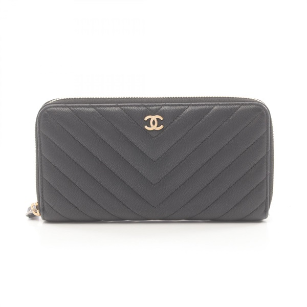 CHANEL V stitch around zipper long wallet purse Lambskin Black Used GHW