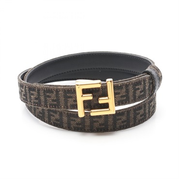 FENDI FF logo belt canvas leather Brown Black Used Women