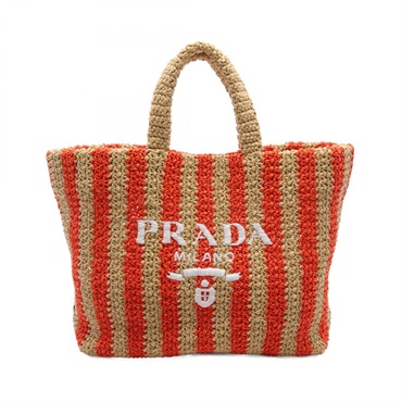 PRADA Crochet Tote Bag 1BG392 straw Beige Orange White Used Women logo