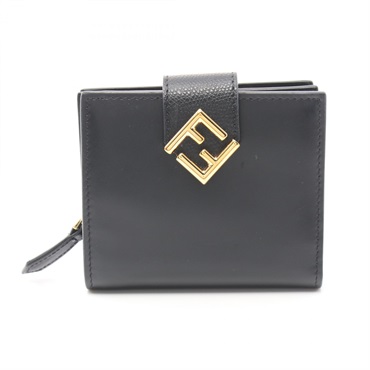 FENDI FF Diamond Bi-fold wallet purse 8M0386 leather Black Used Women GHW