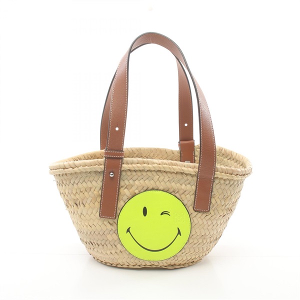 LOEWE Basket Bag S Small Smiley World Handbag leather Raffia Beige Brown Used