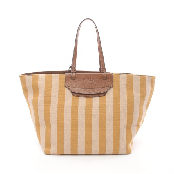 Furla Tote Hand Bag WB00510 canvas leather Brown Beige yellow Used Women