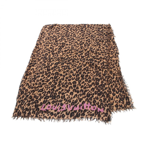 LOUIS VUITTON leopard Stole M72215 silk cashmere Brown Beige Pink Used Women LV