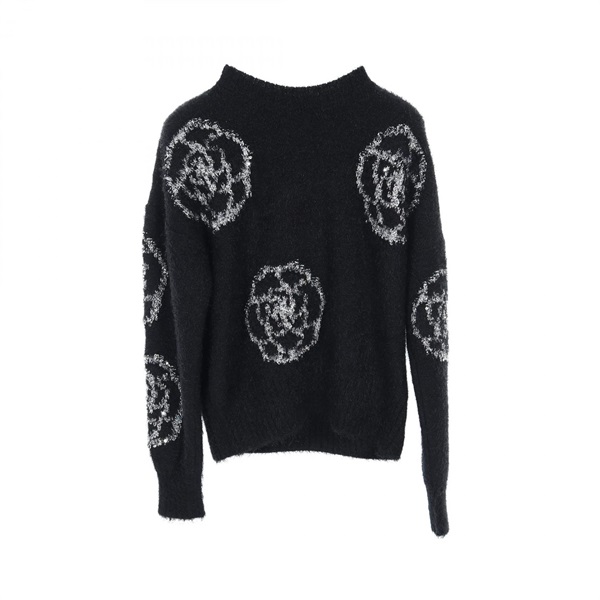 CHANEL Camelia knitwear Sweater P76079 silk cashmere wool Black Silver Used #34