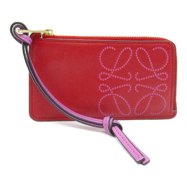 LOEWE Anagram coin card holder purse Lambskin leather Red Used