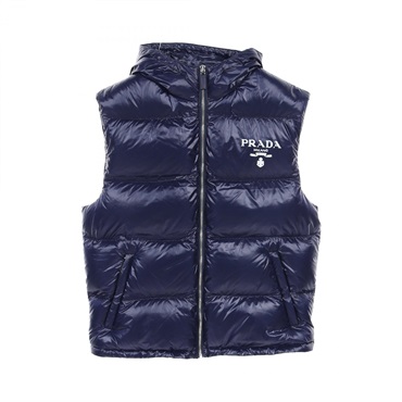 ジャケット・アウター prada triangle logo down vest navy PRADA Men Down Vest Blue Brown Leather Pads Triangle Logo