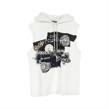CHANEL Camellia COCO Mark Hoodie M size sleeveless P63297 cotton White Black