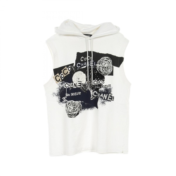 CHANEL Camellia COCO Mark Hoodie M size sleeveless P63297 cotton White Black