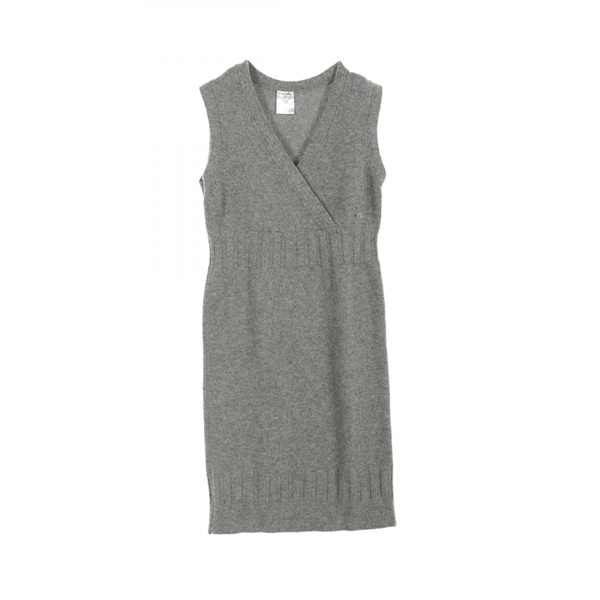 CHANEL Dress #38 sleeveless knitwear v-neck P31705 cashmere Gray Used