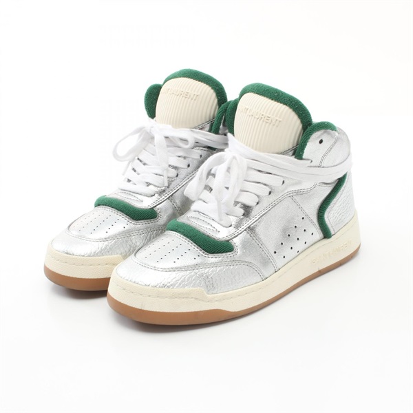 SAINT LAURENT PARIS SL80 sneakers 690707 leather Silver Green Used Women #36